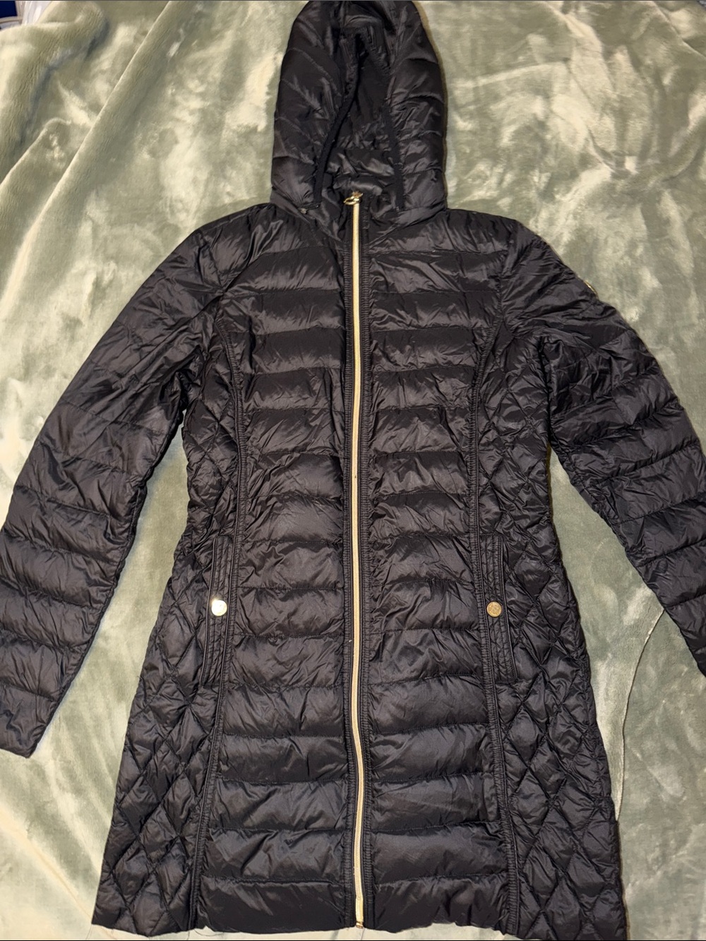 MICHAEL Michael Kors Black Quilted Long Puffer Hood Gold Trim Packable Down Fill